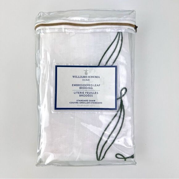 Williams Sonoma Embroidered Linen Leaf Pillowcase Standard White Green - Picture 1 of 6
